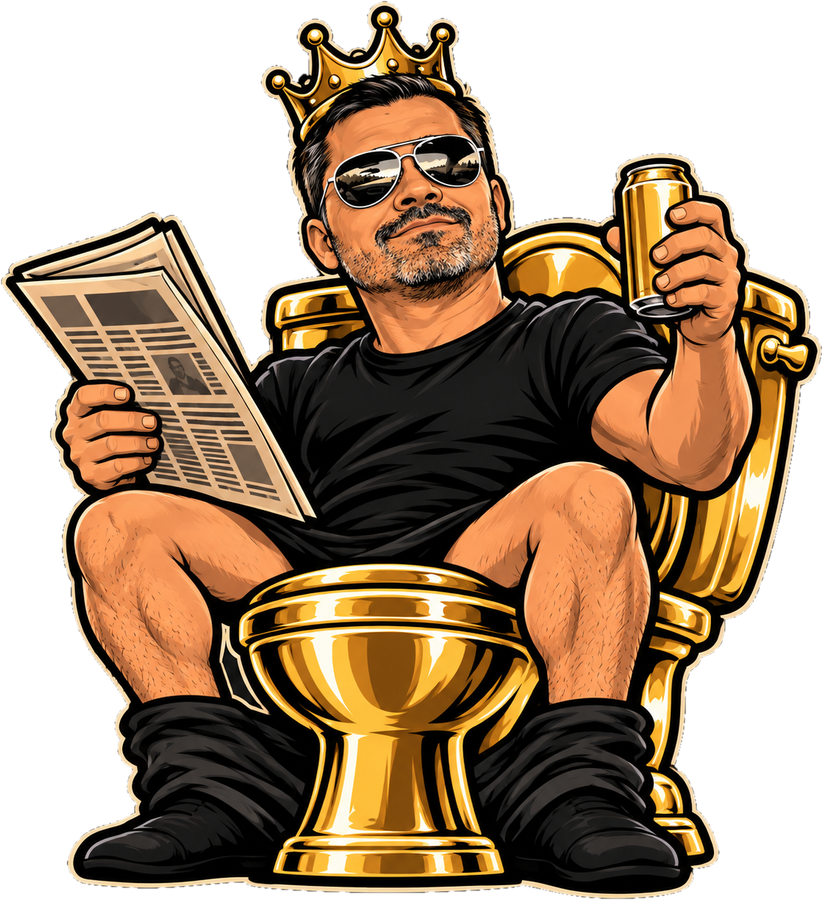 The Chief: crown, aviators and a beer, reading the paper on his golden throne