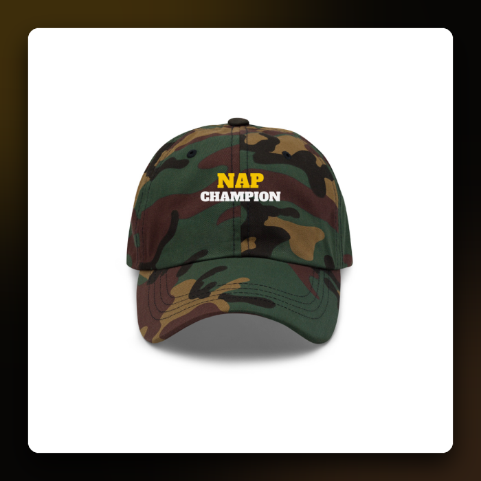 Nap Champion Camo Dad Hat — product mockup